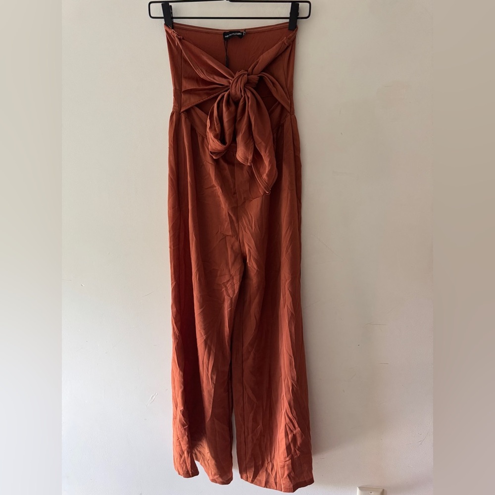 PrettyLittleThing Ruse Brown Bow Tie Front Wide Leg Jumpsuit‎ Strapless